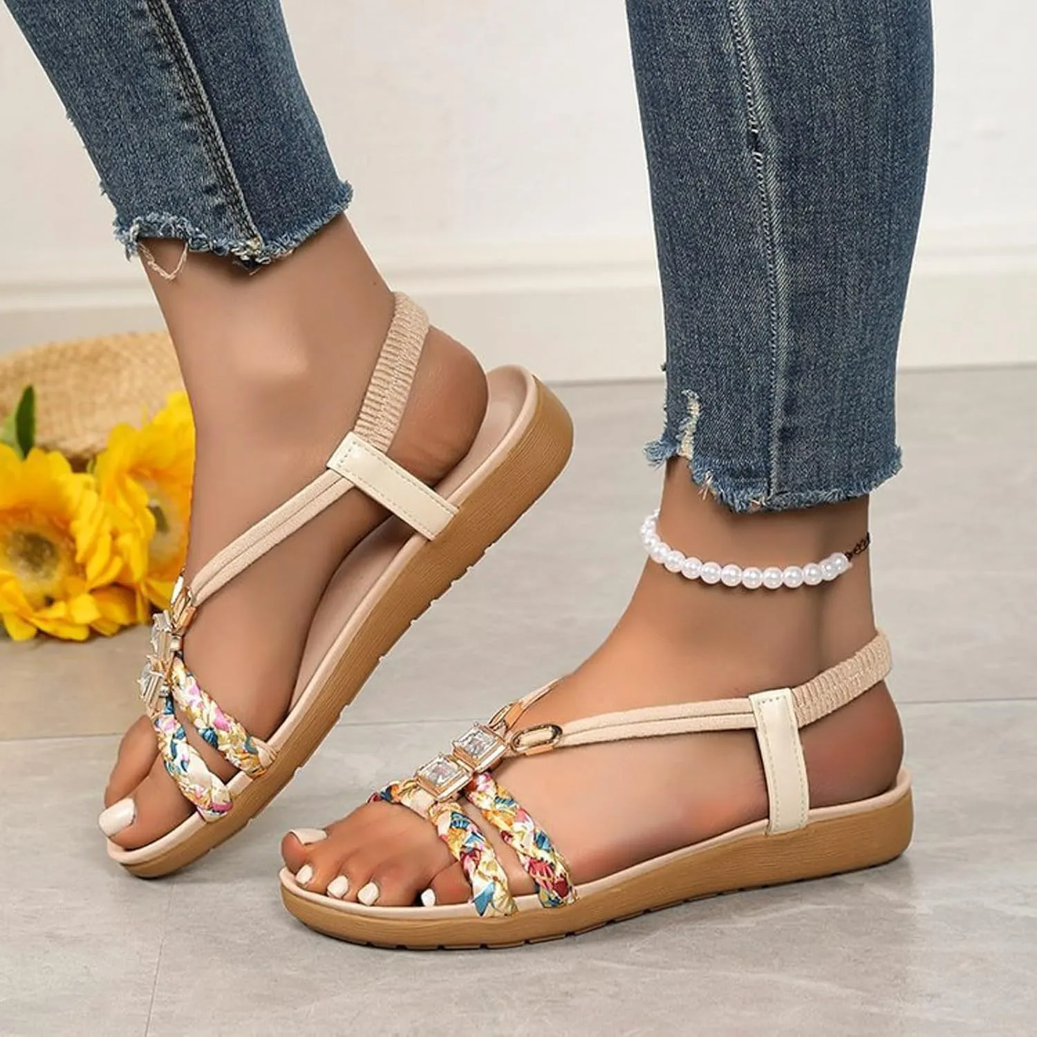 Canbebig Bohemian Sandals Women Orthopedic Wedge Slippers Boho Lace Flower Sandals Casual Ankle Strap Flip Flops Thong Flat Beach Sandal