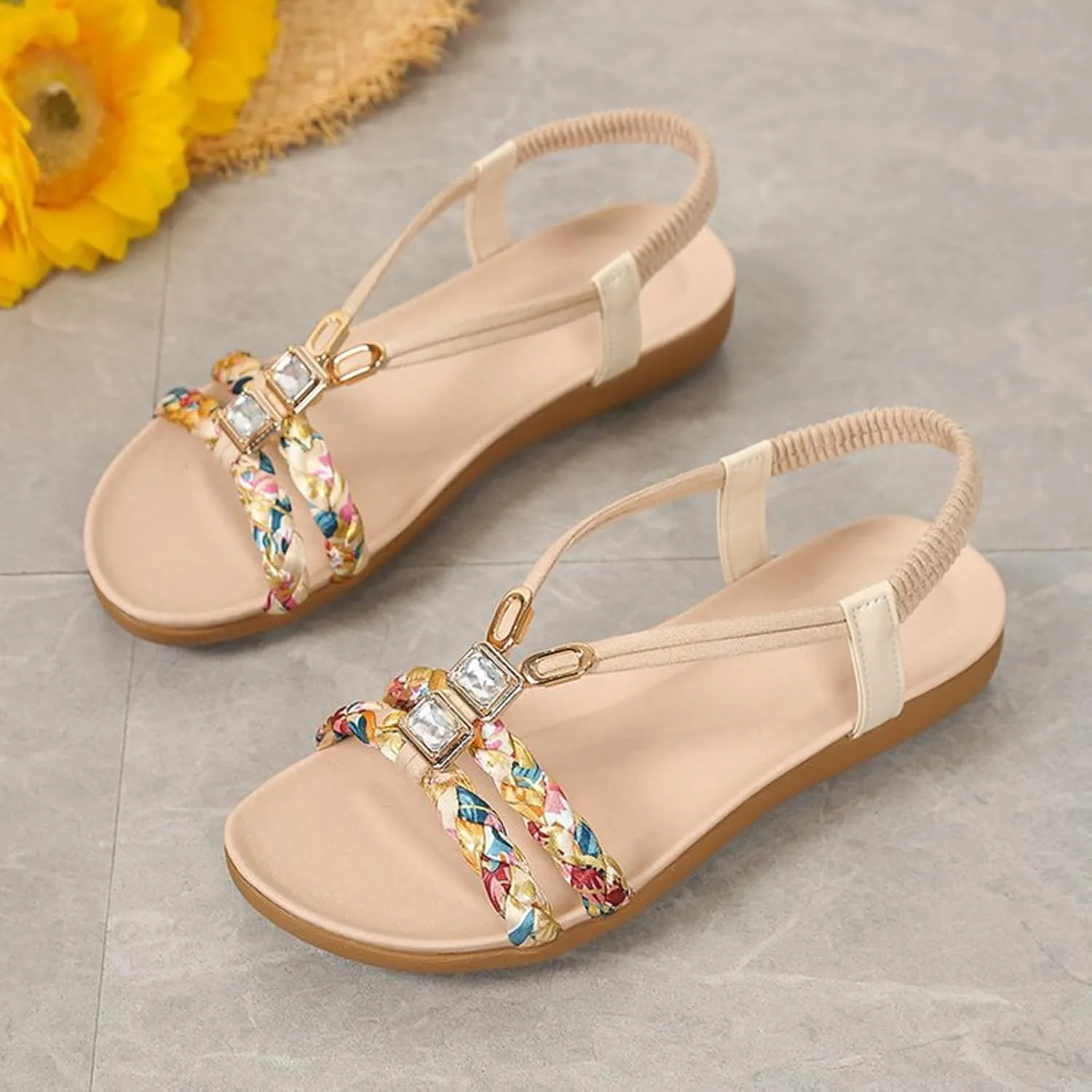 Canbebig Bohemian Sandals Women Orthopedic Wedge Slippers Boho Lace Flower Sandals Casual Ankle Strap Flip Flops Thong Flat Beach Sandal