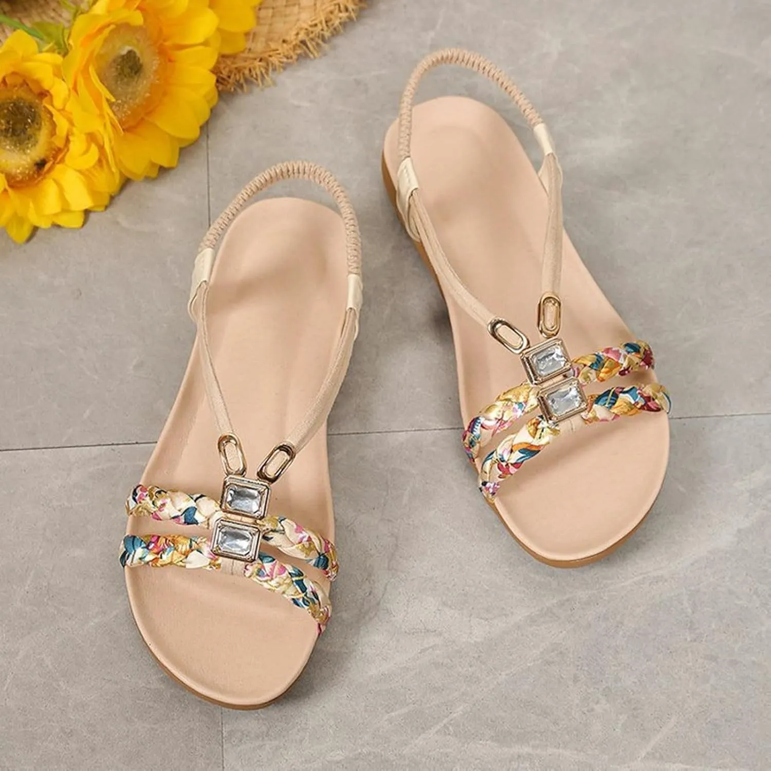 Canbebig Bohemian Sandals Women Orthopedic Wedge Slippers Boho Lace Flower Sandals Casual Ankle Strap Flip Flops Thong Flat Beach Sandal