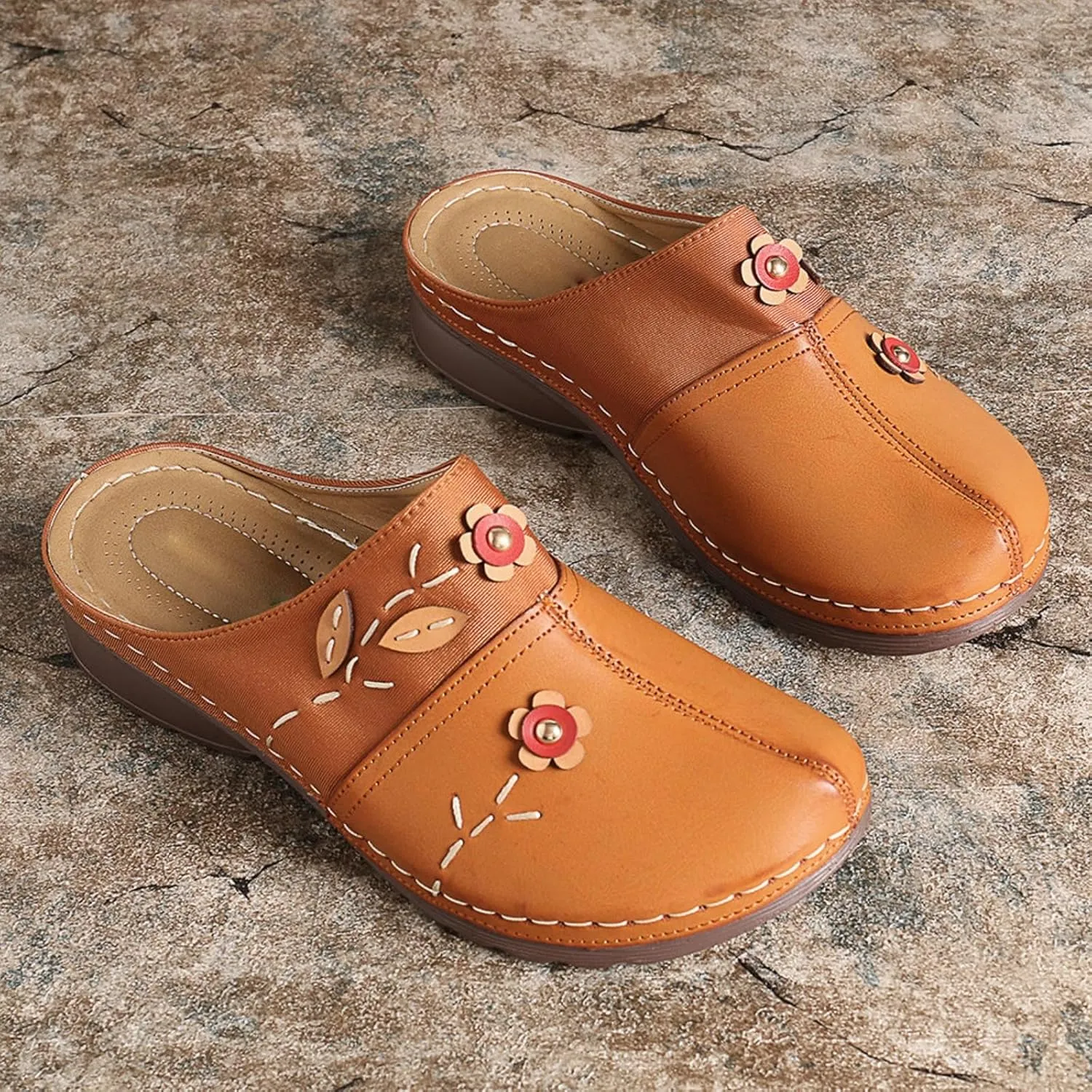 Canbebig Mules for Women Summer Leather Slippers Slip On Mule Clogs Flowers Wedge Sandals Antil Slip Beach Comfortable Sandals Summer Backless Shoes
