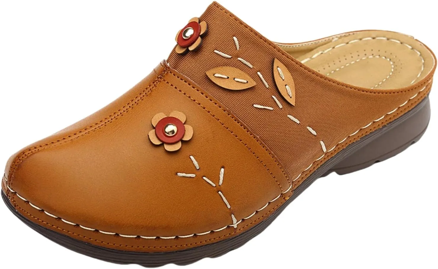 Canbebig Mules for Women Summer Leather Slippers Slip On Mule Clogs Flowers Wedge Sandals Antil Slip Beach Comfortable Sandals Summer Backless Shoes
