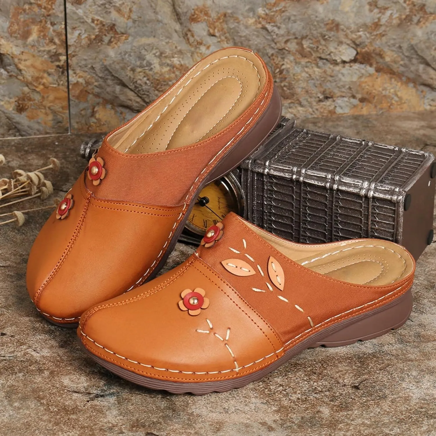 Canbebig Mules for Women Summer Leather Slippers Slip On Mule Clogs Flowers Wedge Sandals Antil Slip Beach Comfortable Sandals Summer Backless Shoes