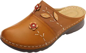 Canbebig Mules for Women Summer Leather Slippers Slip On Mule Clogs Flowers Wedge Sandals Antil Slip Beach Comfortable Sandals Summer Backless Shoes