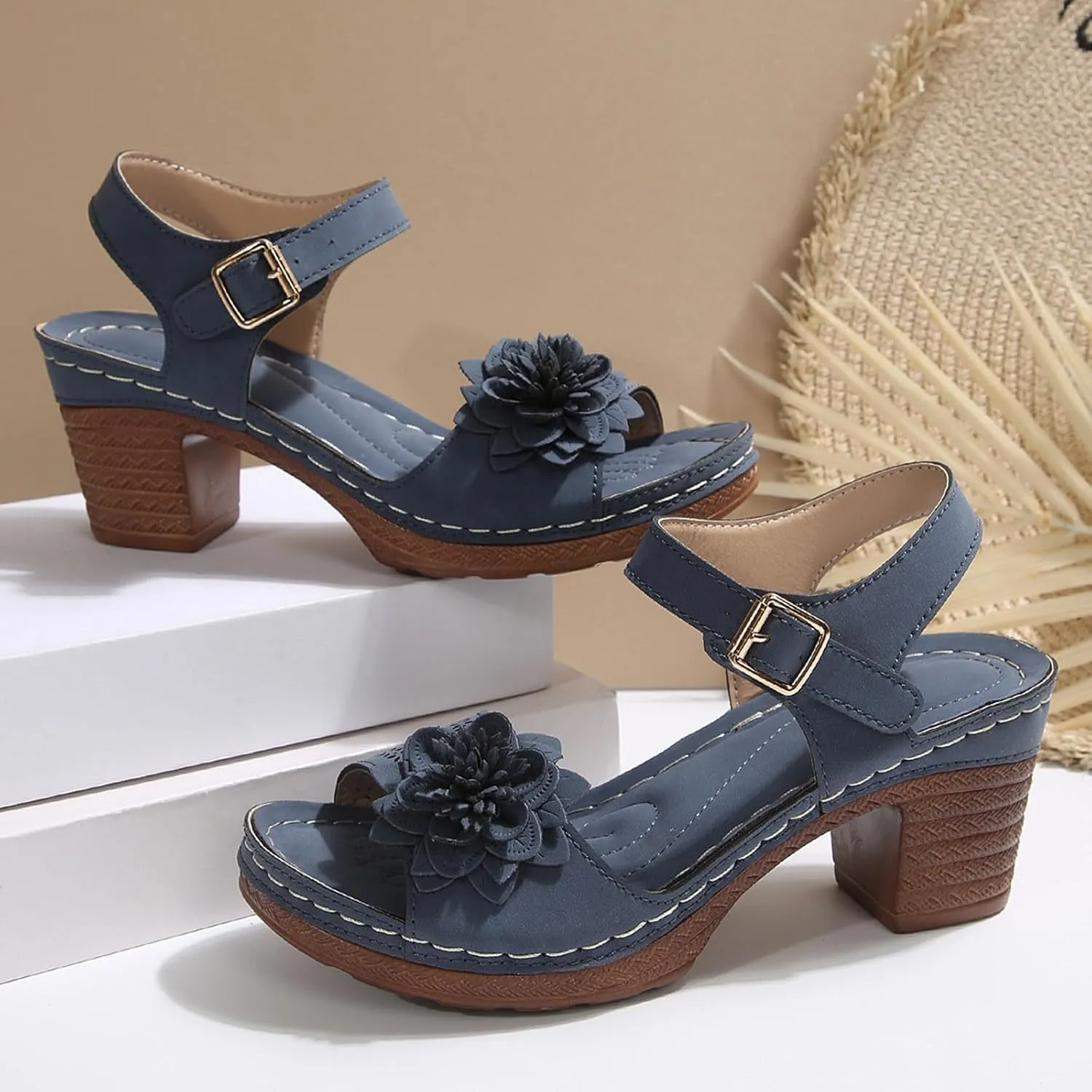 Canbebig Peep Toe Heels for Women Comfy Dressy Platform Sandals Adjustable Ankle Strap Non Slip Sandals Casual Summer Wedge Sandles Vacation Shoes