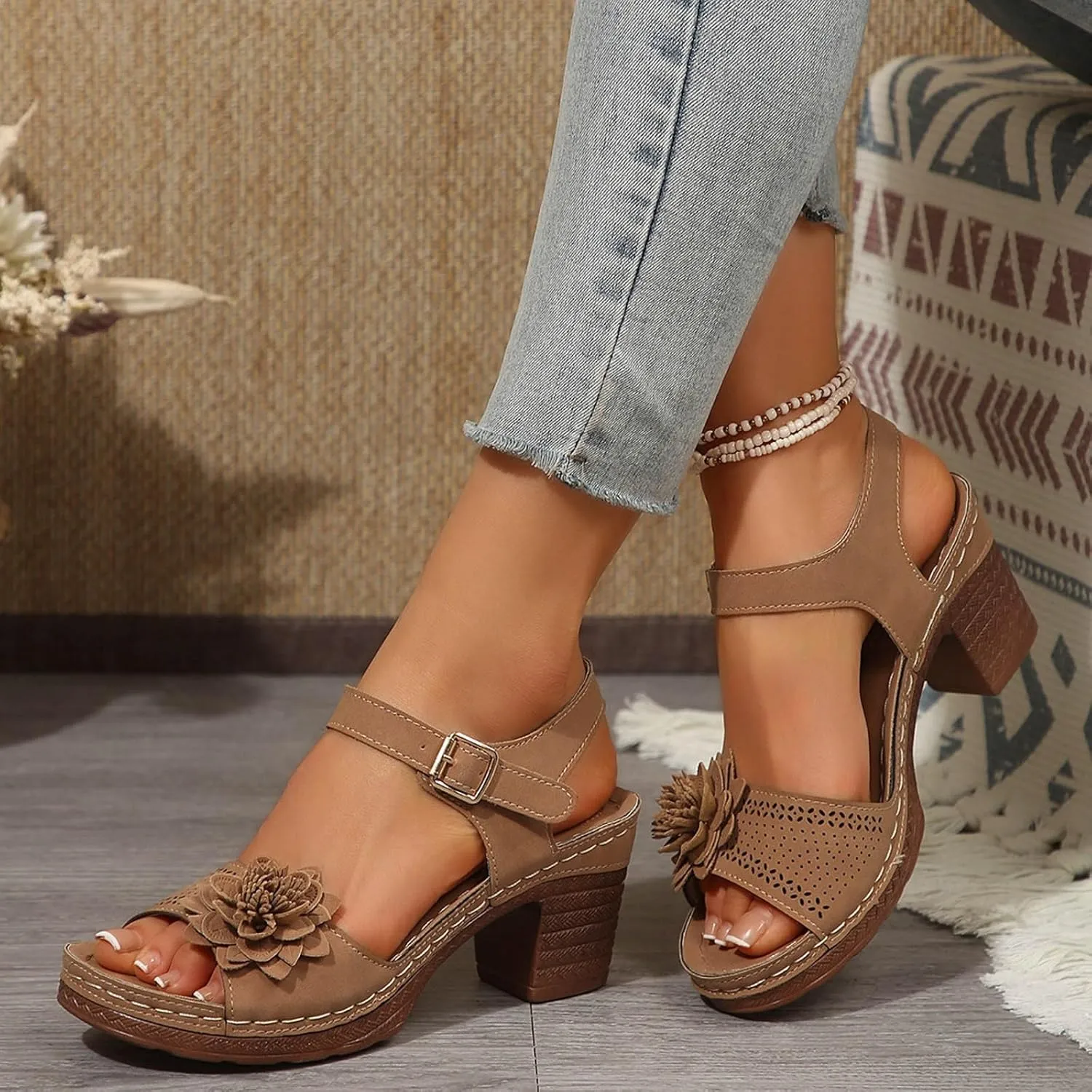 Canbebig Peep Toe Heels for Women Comfy Dressy Platform Sandals Adjustable Ankle Strap Non Slip Sandals Casual Summer Wedge Sandles Vacation Shoes