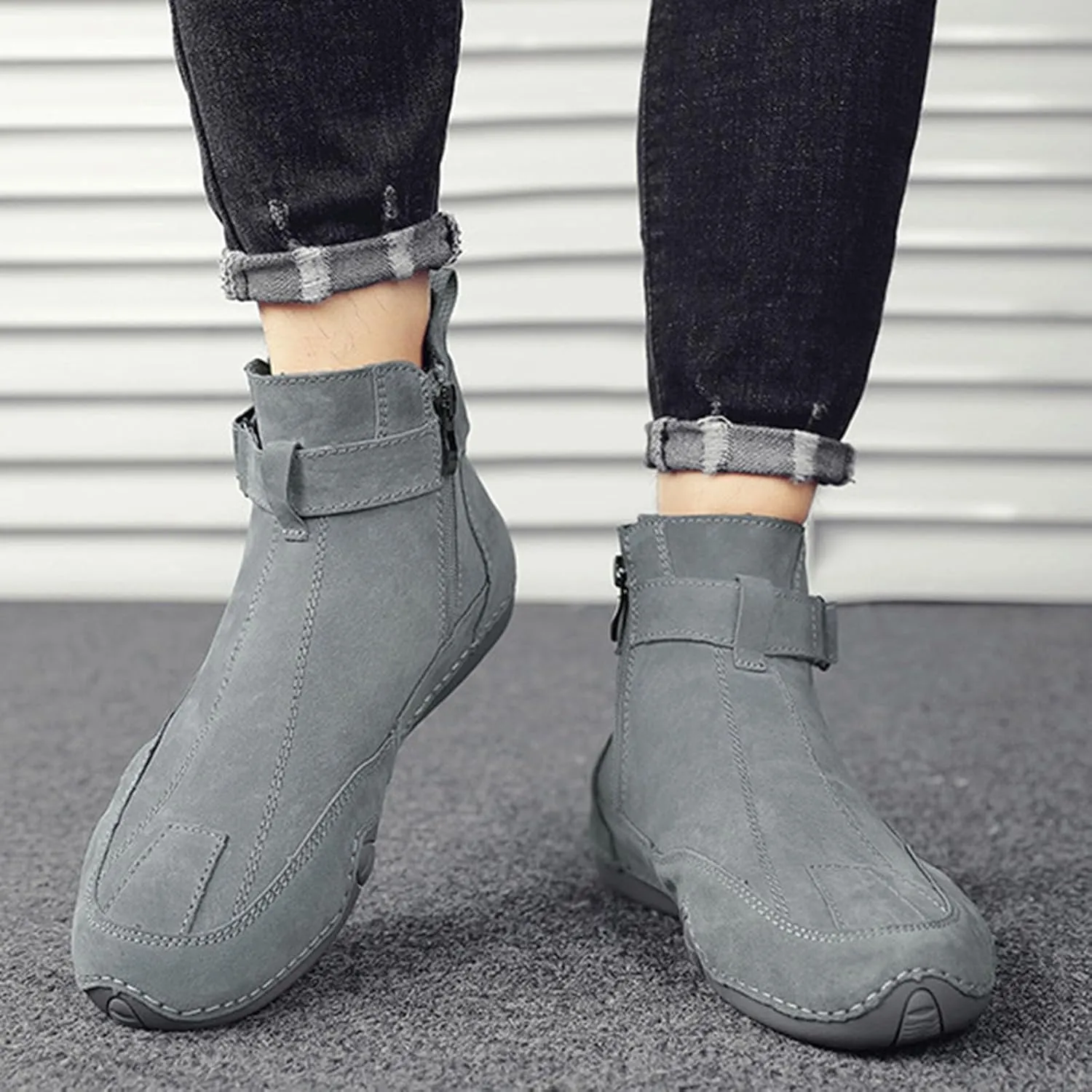 Casual Shoes for Men Men's Boots New Side Zipper High Top Men's Shoes Outdoor Casual Hand Sewn Leather Boots