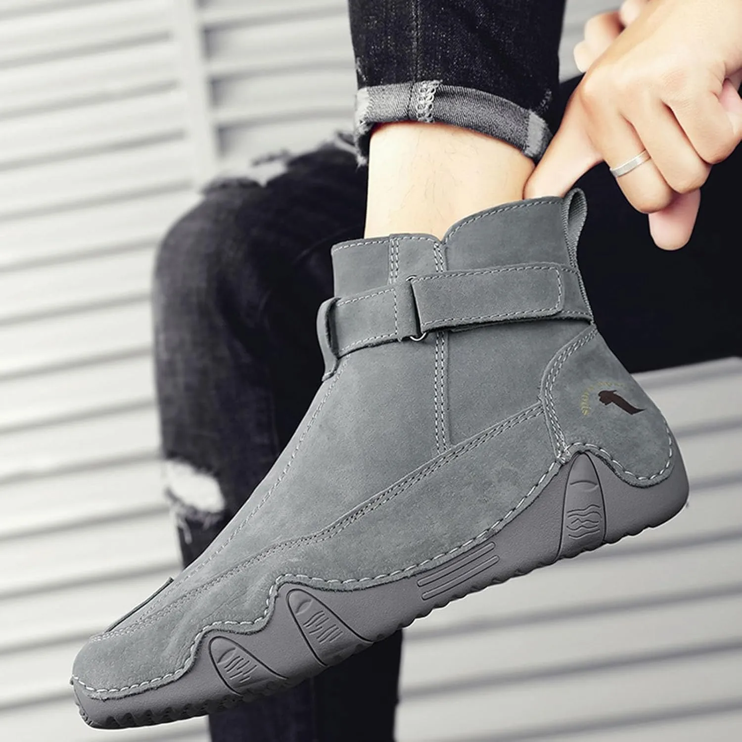 Casual Shoes for Men Men's Boots New Side Zipper High Top Men's Shoes Outdoor Casual Hand Sewn Leather Boots