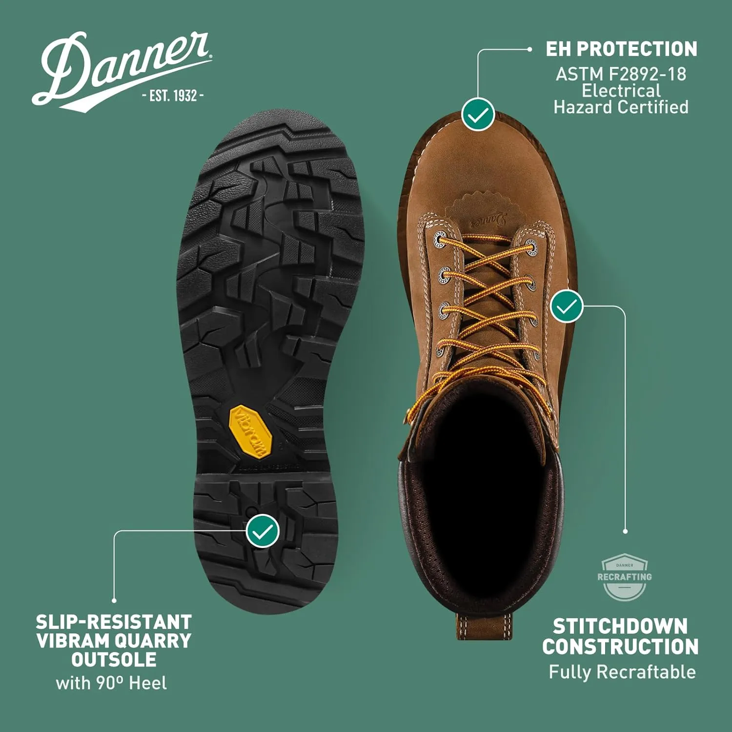 Danner 8” Quarry USA Waterproof Work Boots for Men - Full-Grain Leather with Gore-Tex, 3-Density Cushion Footbed & Traction Heel Outsole, EH Resistant