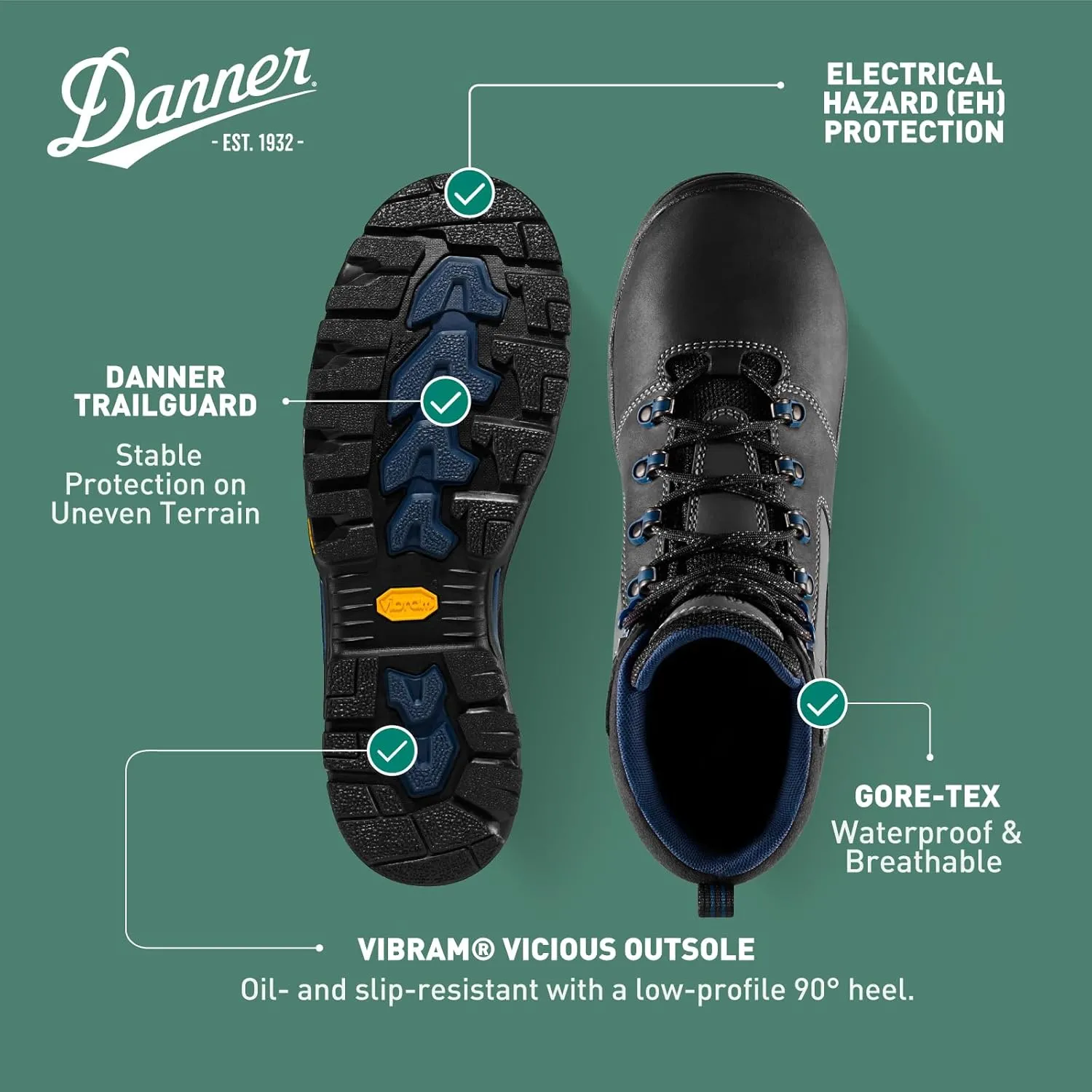 Danner Vicious 4.5 Waterproof Work Boots for Men - Full-Grain Leather with Breathable Gore-Tex Lining, Speed Lace System, and Non Slip Heeled Outsole