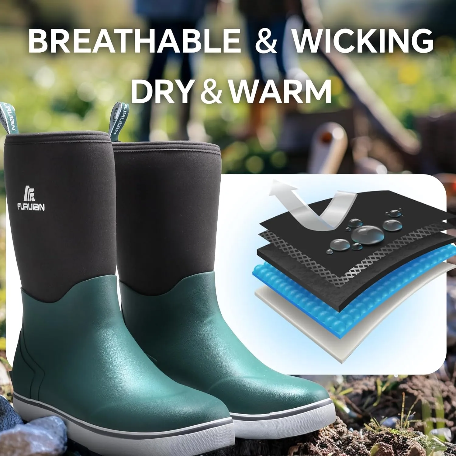 Furuian Men's Deck Boots Mid Calf Fishing Boots Rubber Boots for Men Waterproof Work Boots Longshore Durable Anti Slip Rain Boots