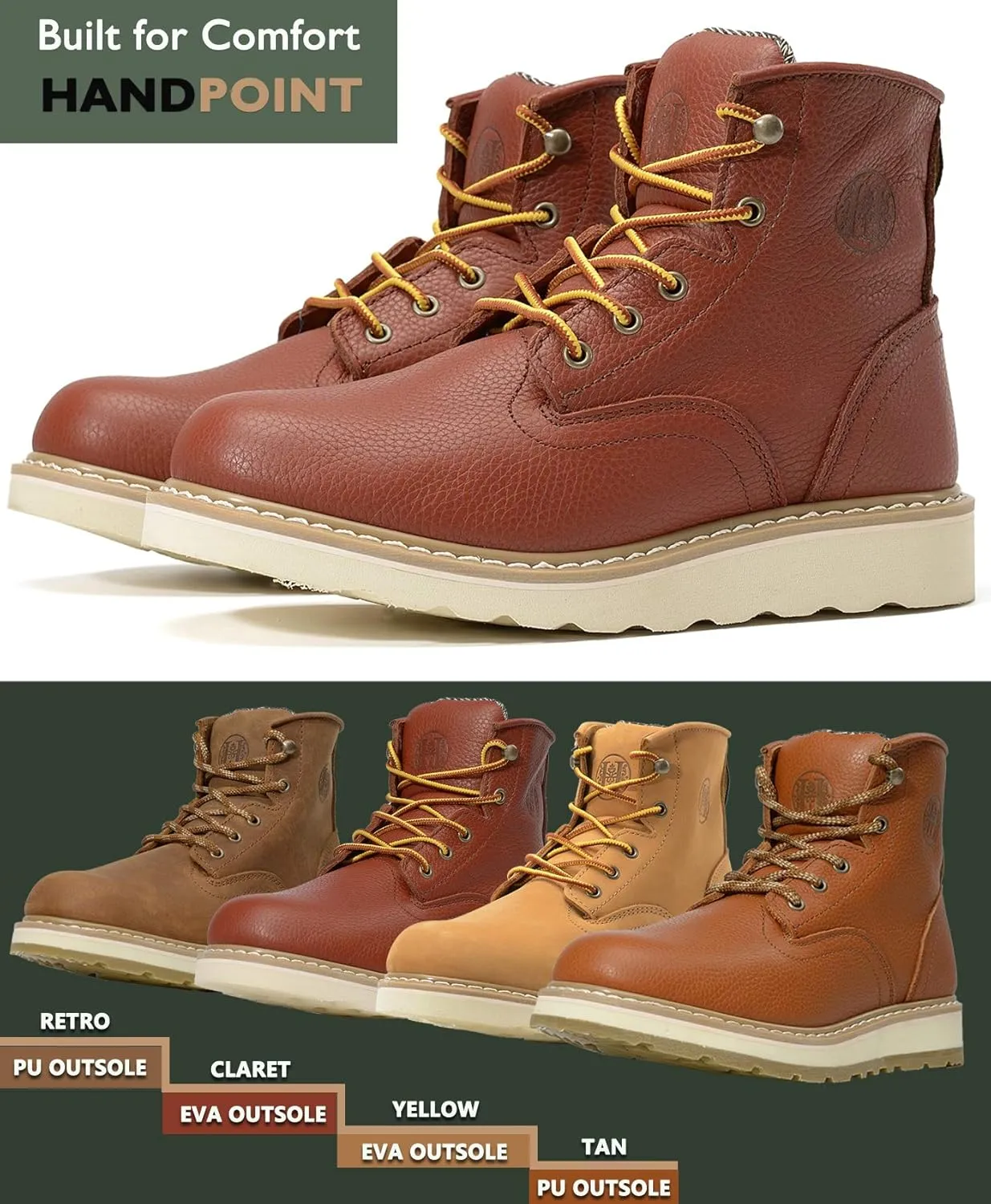 HANDPOINT Work Boots for Men - 6 Inch Soft Toe Boot, Non-Slip Anti-Fatigue Wedge Sole Shoes, Water Resistant EH Safety Boots