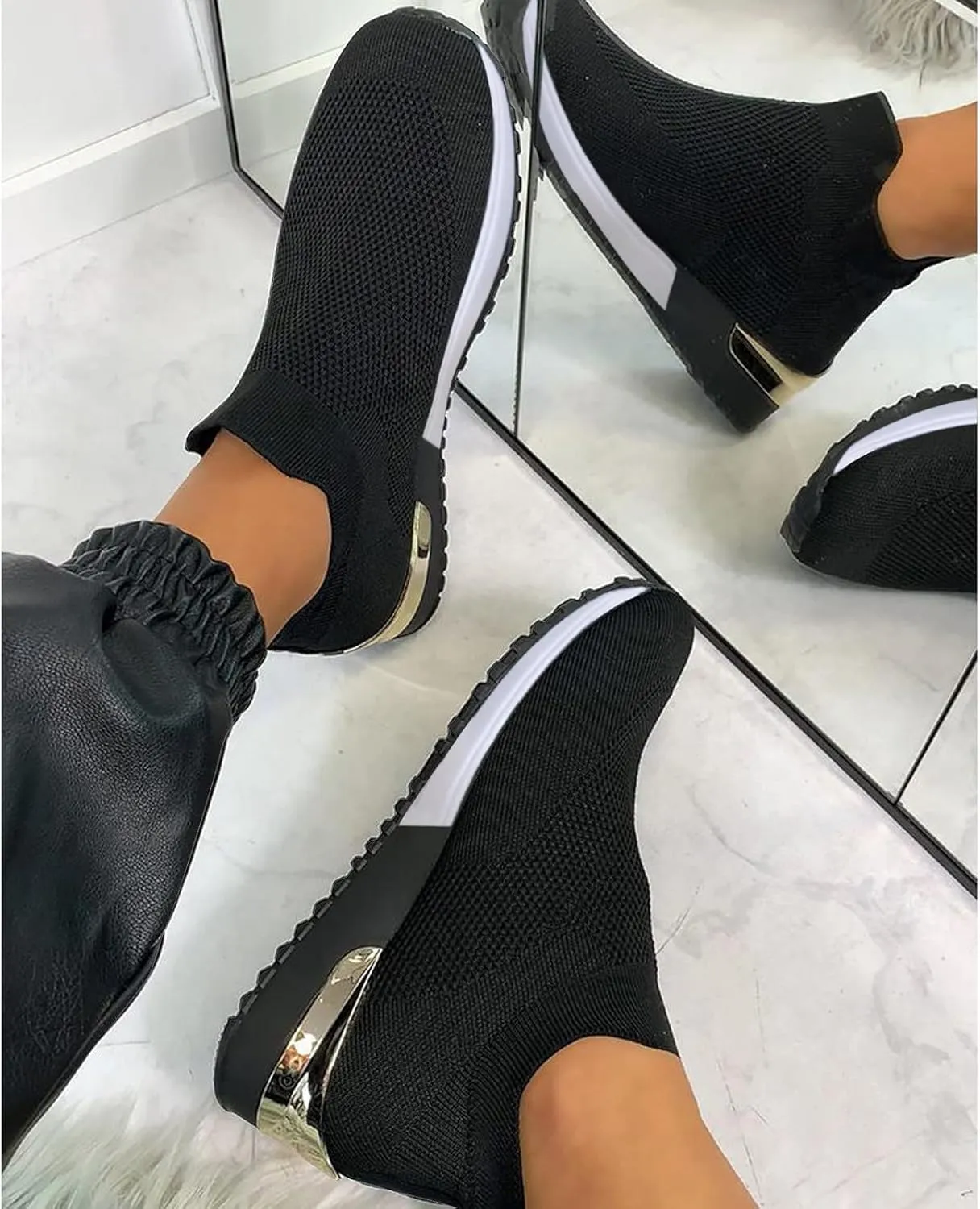 High Top Wedge Sneakers for Women Size 12 Size 9 Women's Slip Resistant Shoes Black Slip On Shoes Women Wide Width White Chunky Platform Sneakers for Women Slip On Walking Shoes with Arch Support