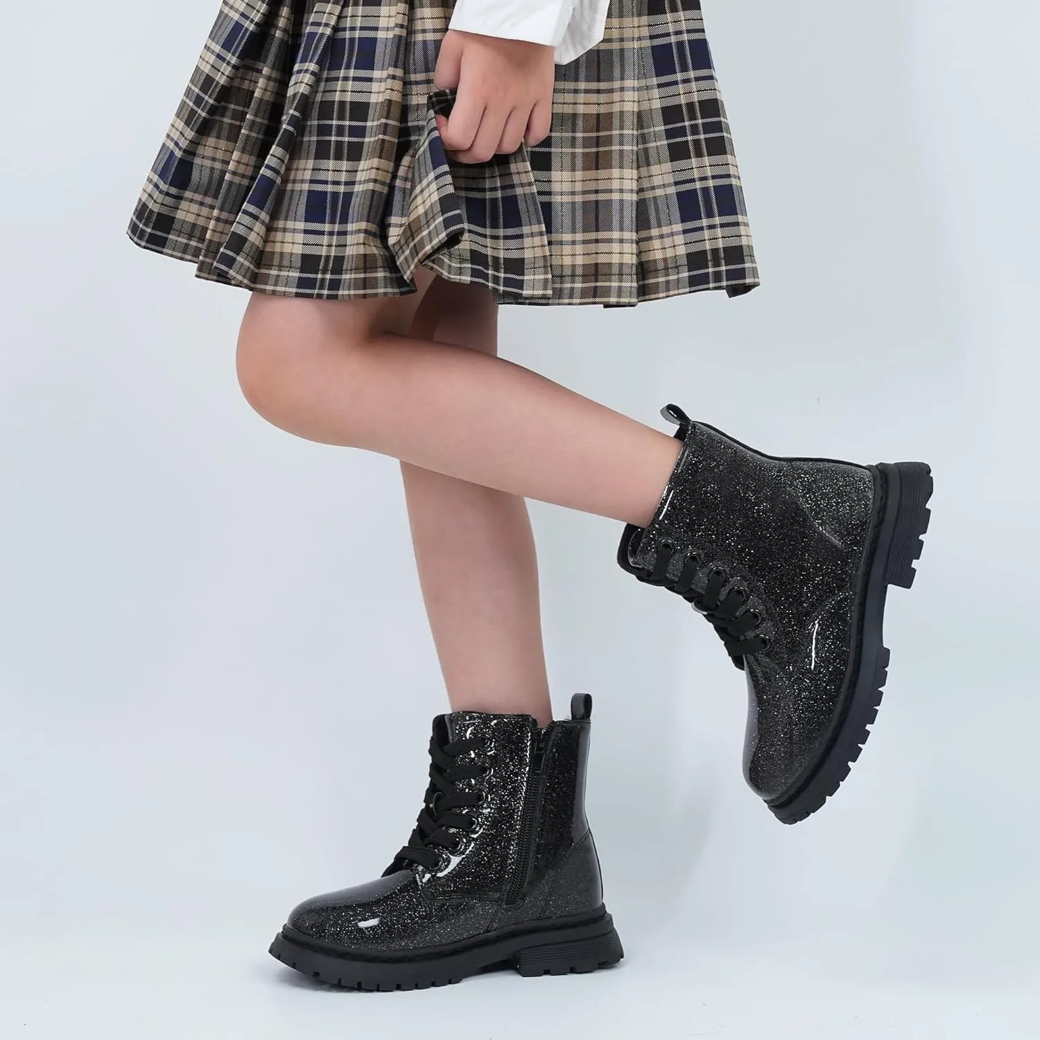 JABASIC Girls Boys Ankle Boots Lace-Up Waterproof Work Boots with Side Zipper