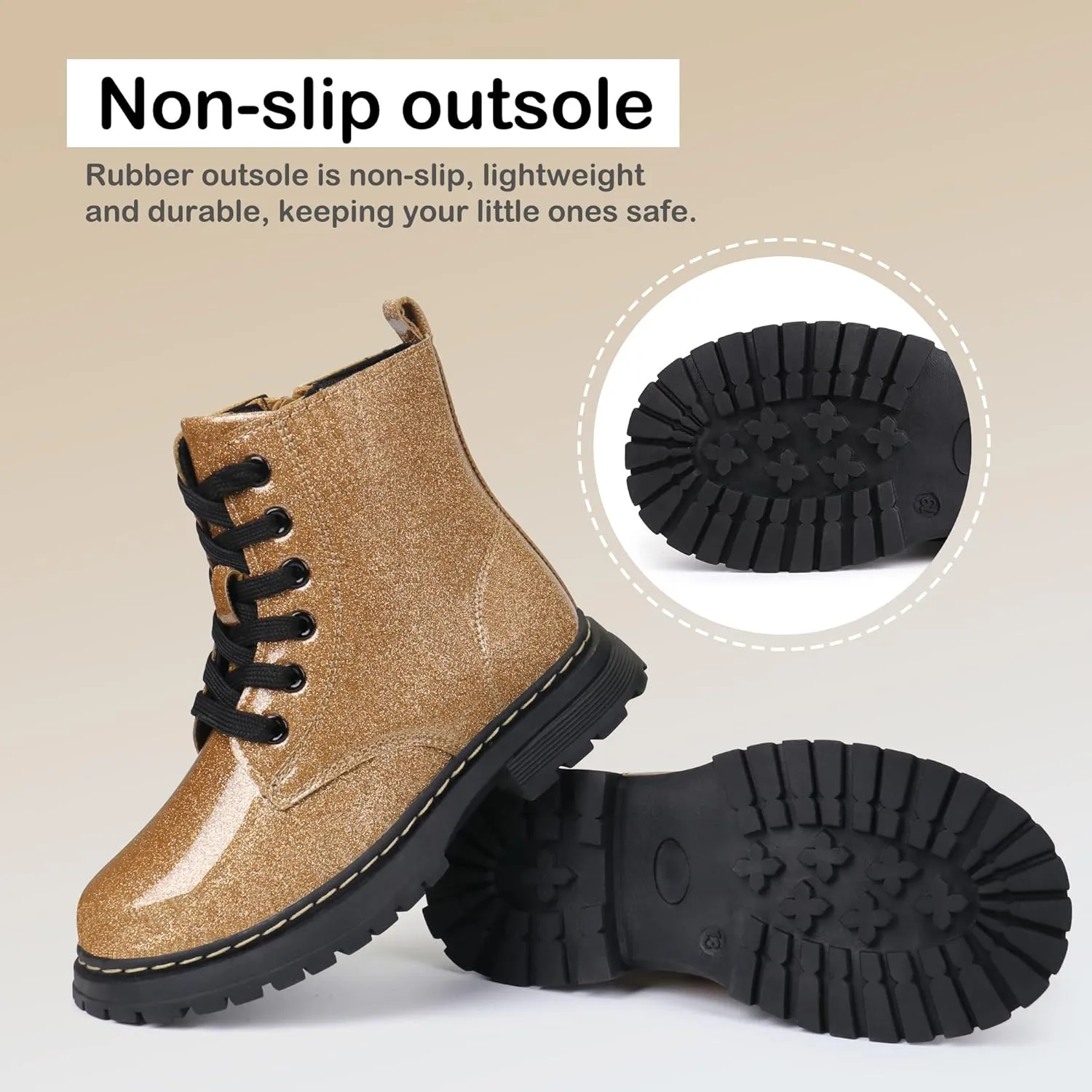 JABASIC Girls Boys Ankle Boots Lace-Up Waterproof Work Boots with Side Zipper
