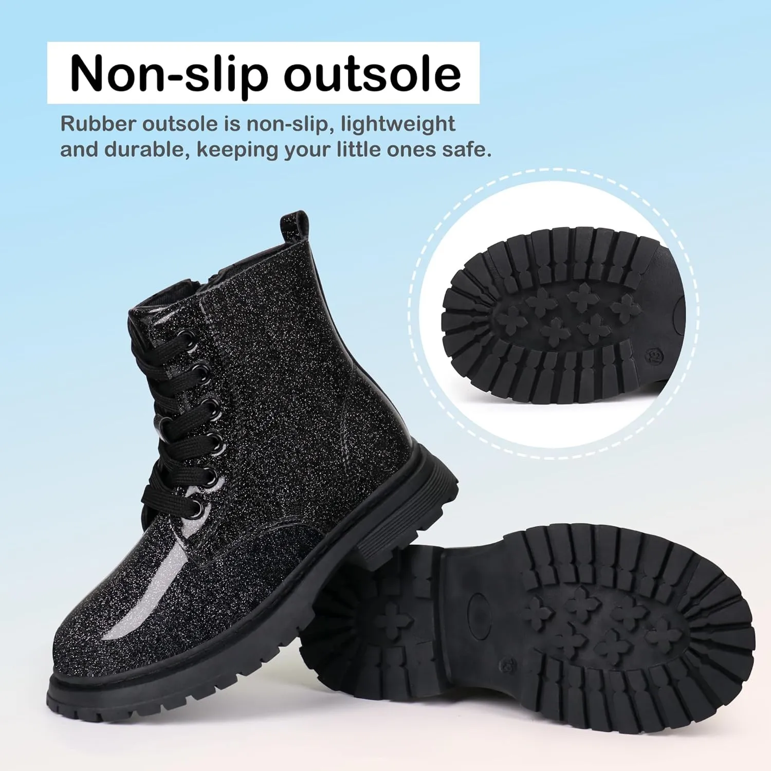 JABASIC Girls Boys Ankle Boots Lace-Up Waterproof Work Boots with Side Zipper