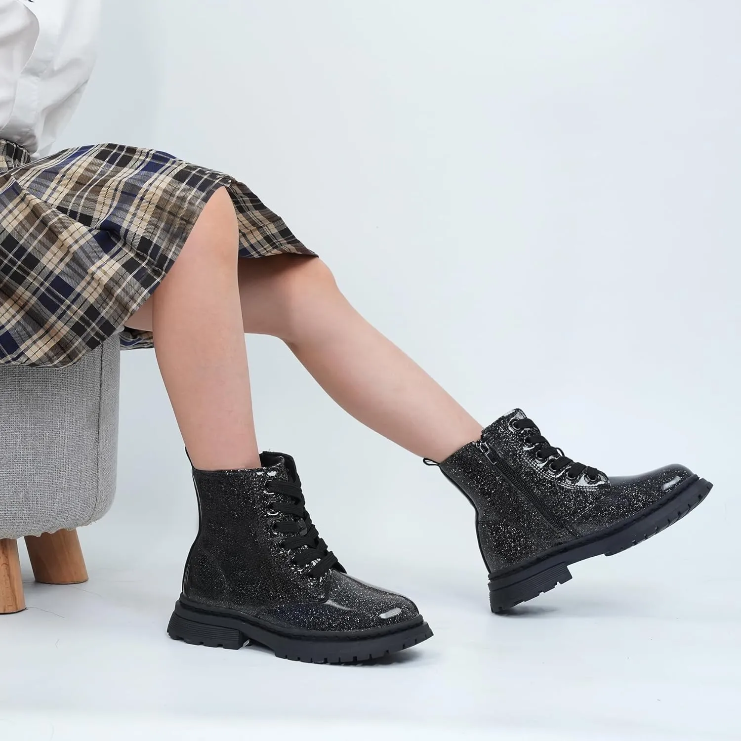 JABASIC Girls Boys Ankle Boots Lace-Up Waterproof Work Boots with Side Zipper