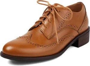 KiutSymo Women's Wingtip Oxford Shoes Lace up Round Toe Oxfords Chunky Heel Vintage Brogue Shoes Office Work Casual