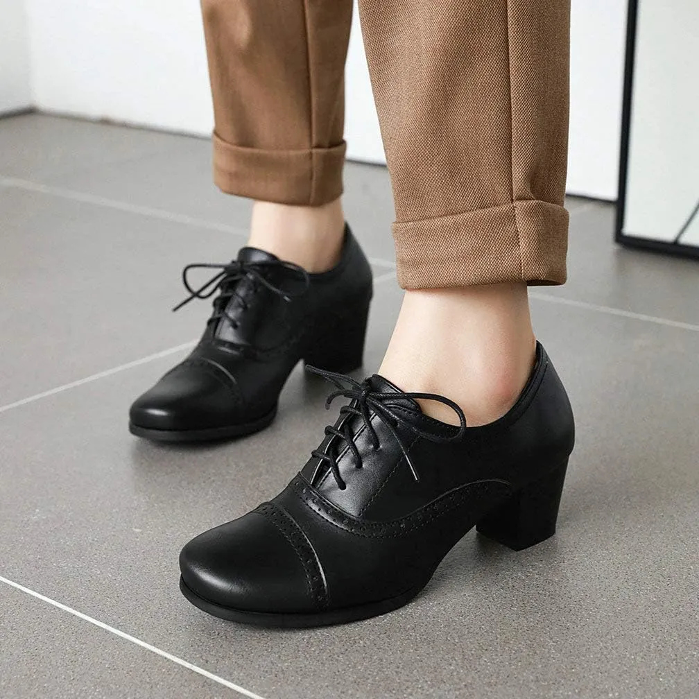 KOKOMOMO Womens Wingtip Oxford Chunky Heel Lace Up Vintage Pumps