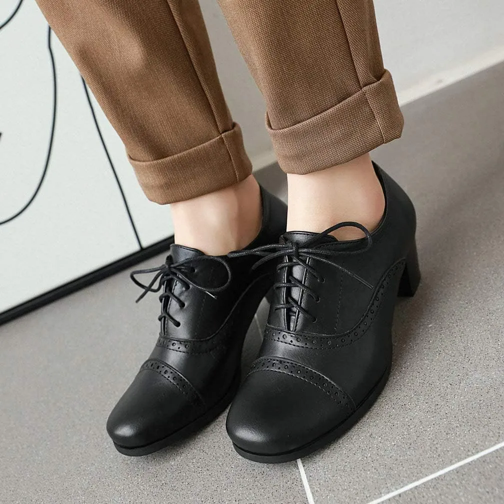KOKOMOMO Womens Wingtip Oxford Chunky Heel Lace Up Vintage Pumps