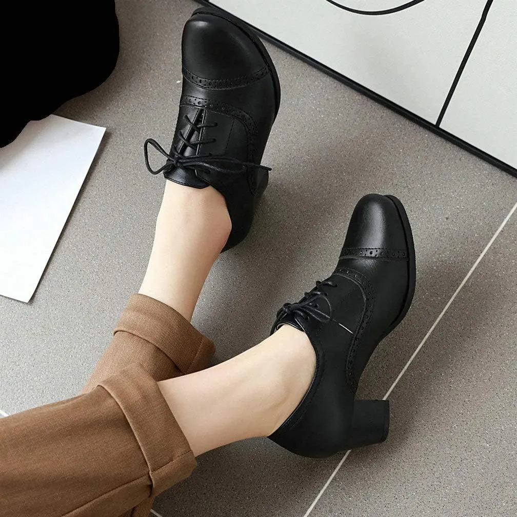 KOKOMOMO Womens Wingtip Oxford Chunky Heel Lace Up Vintage Pumps