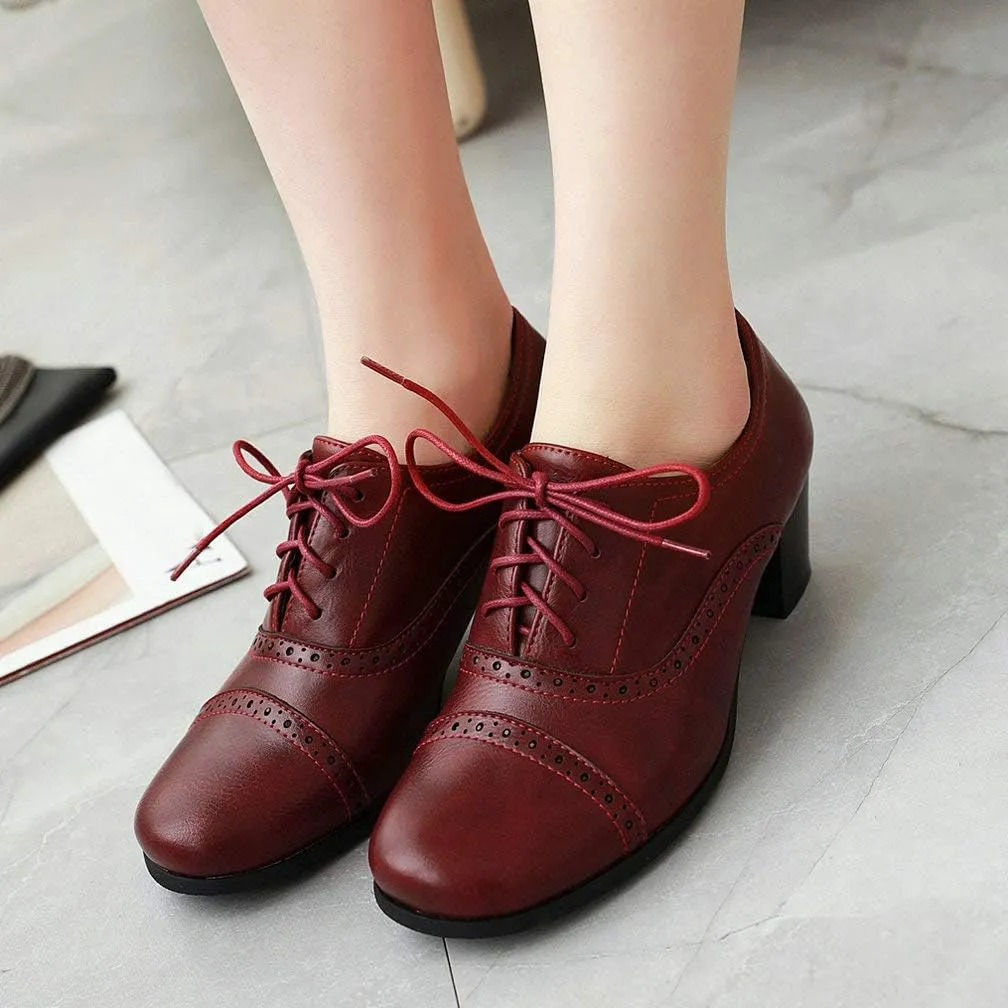 KOKOMOMO Womens Wingtip Oxford Chunky Heel Lace Up Vintage Pumps