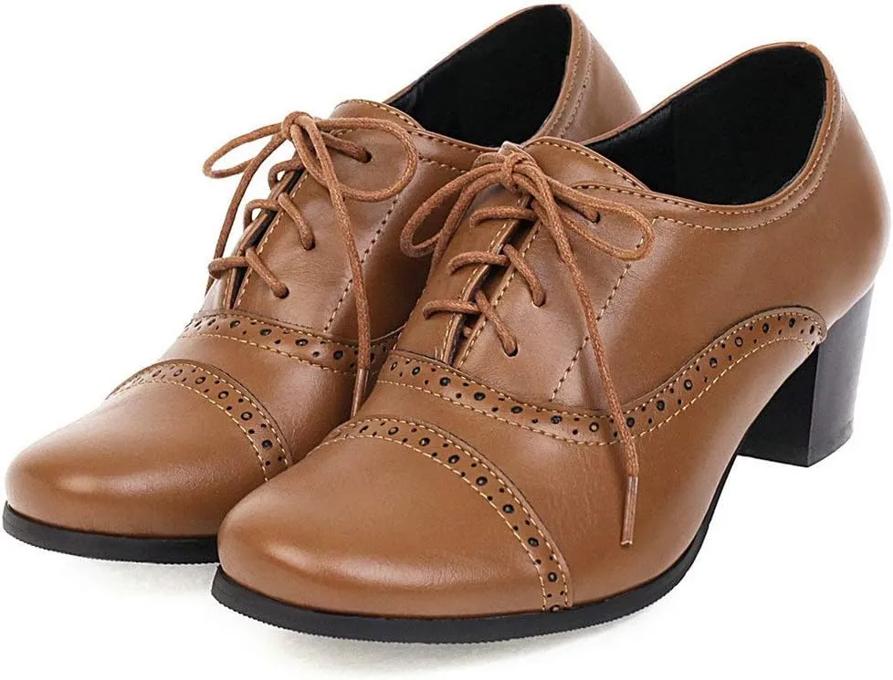 KOKOMOMO Womens Wingtip Oxford Chunky Heel Lace Up Vintage Pumps