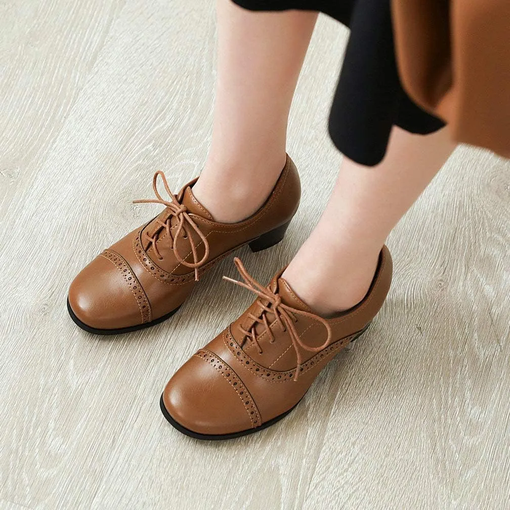 KOKOMOMO Womens Wingtip Oxford Chunky Heel Lace Up Vintage Pumps