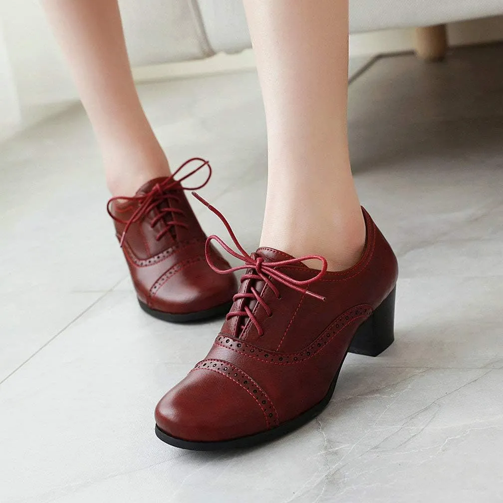 KOKOMOMO Womens Wingtip Oxford Chunky Heel Lace Up Vintage Pumps