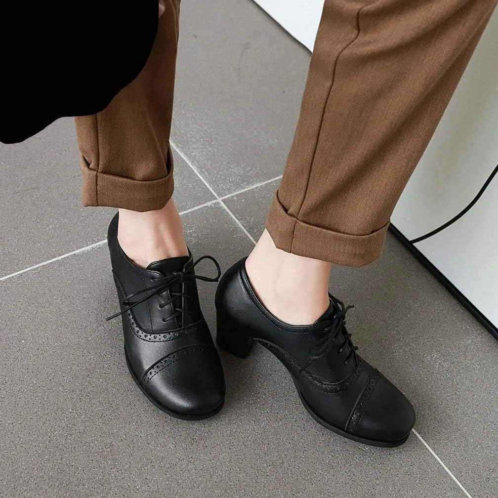 KOKOMOMO Womens Wingtip Oxford Chunky Heel Lace Up Vintage Pumps