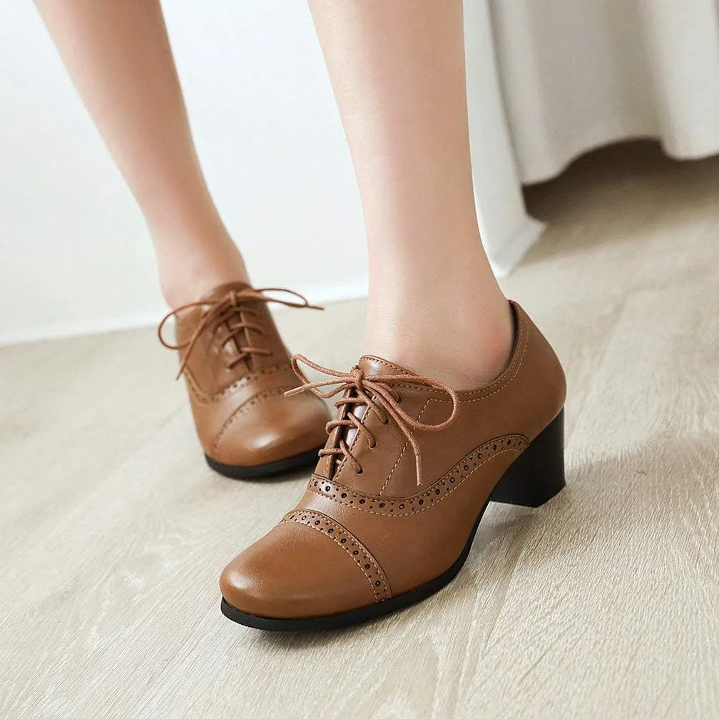 KOKOMOMO Womens Wingtip Oxford Chunky Heel Lace Up Vintage Pumps