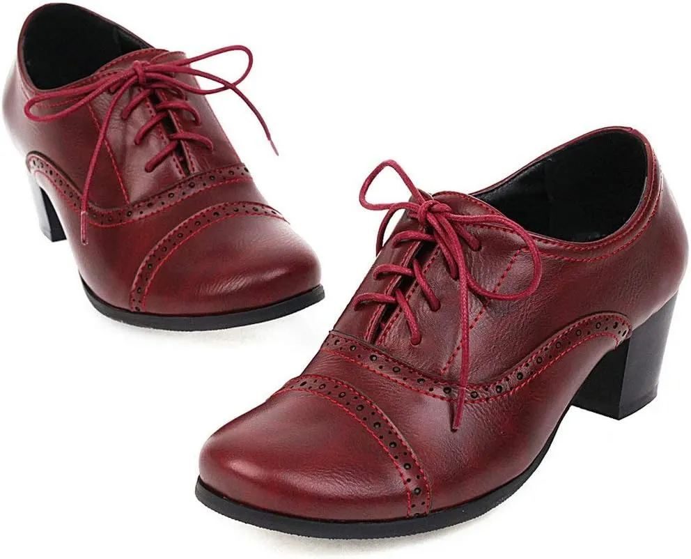 KOKOMOMO Womens Wingtip Oxford Chunky Heel Lace Up Vintage Pumps