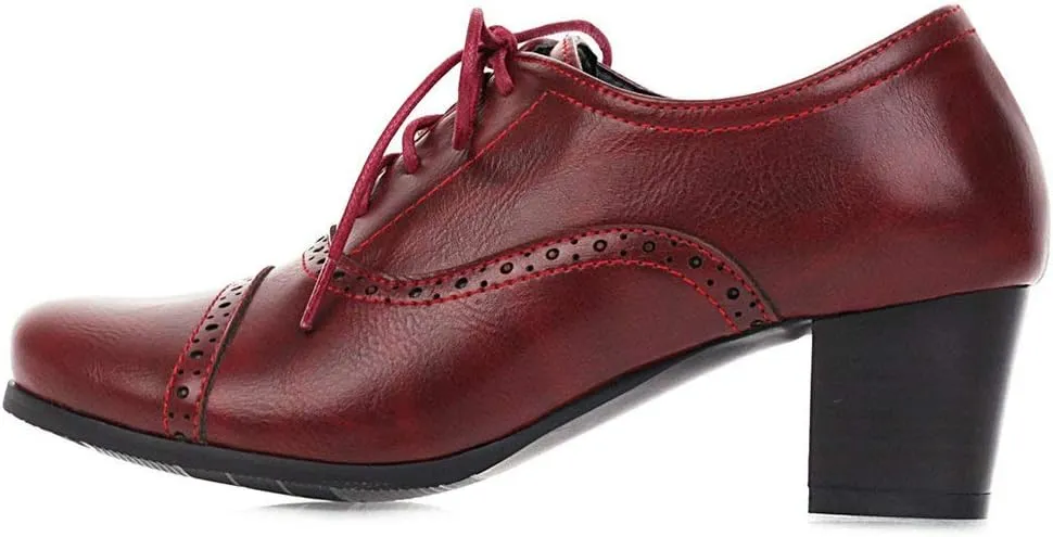 KOKOMOMO Womens Wingtip Oxford Chunky Heel Lace Up Vintage Pumps