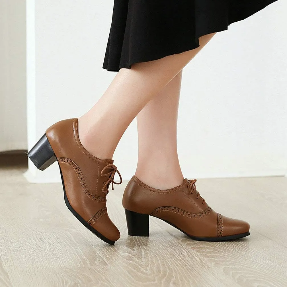 KOKOMOMO Womens Wingtip Oxford Chunky Heel Lace Up Vintage Pumps