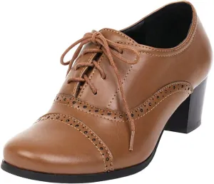 KOKOMOMO Womens Wingtip Oxford Chunky Heel Lace Up Vintage Pumps