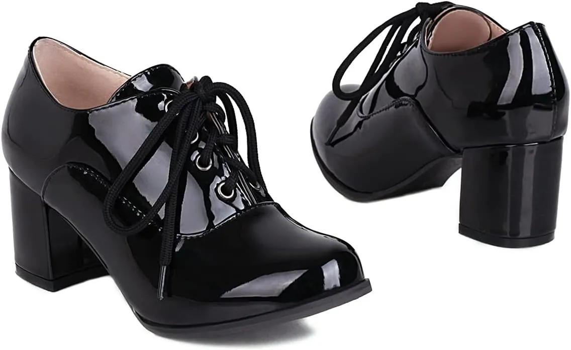 KOKOMOMO Womens Wingtip Shoes Patent Leather Lace Up Oxford Heels Chunky Brogue Shoes