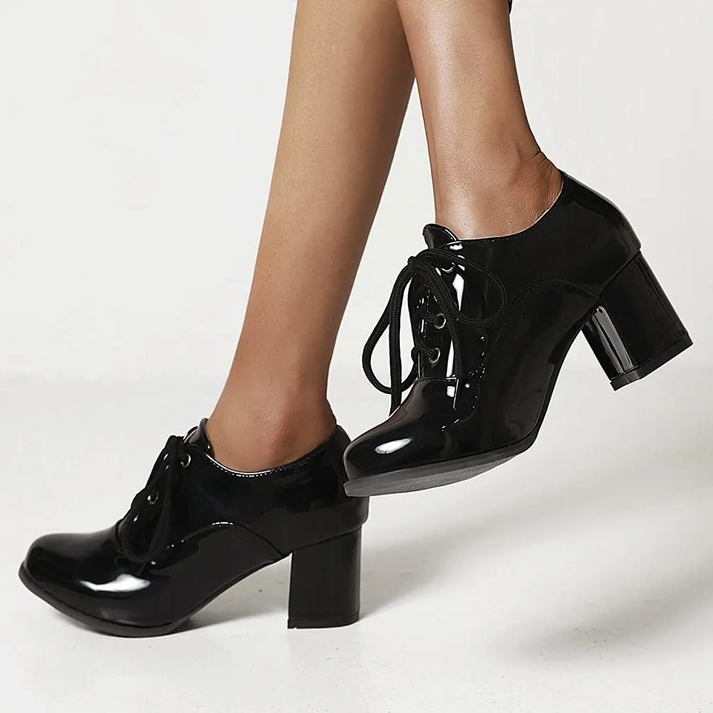 KOKOMOMO Womens Wingtip Shoes Patent Leather Lace Up Oxford Heels Chunky Brogue Shoes