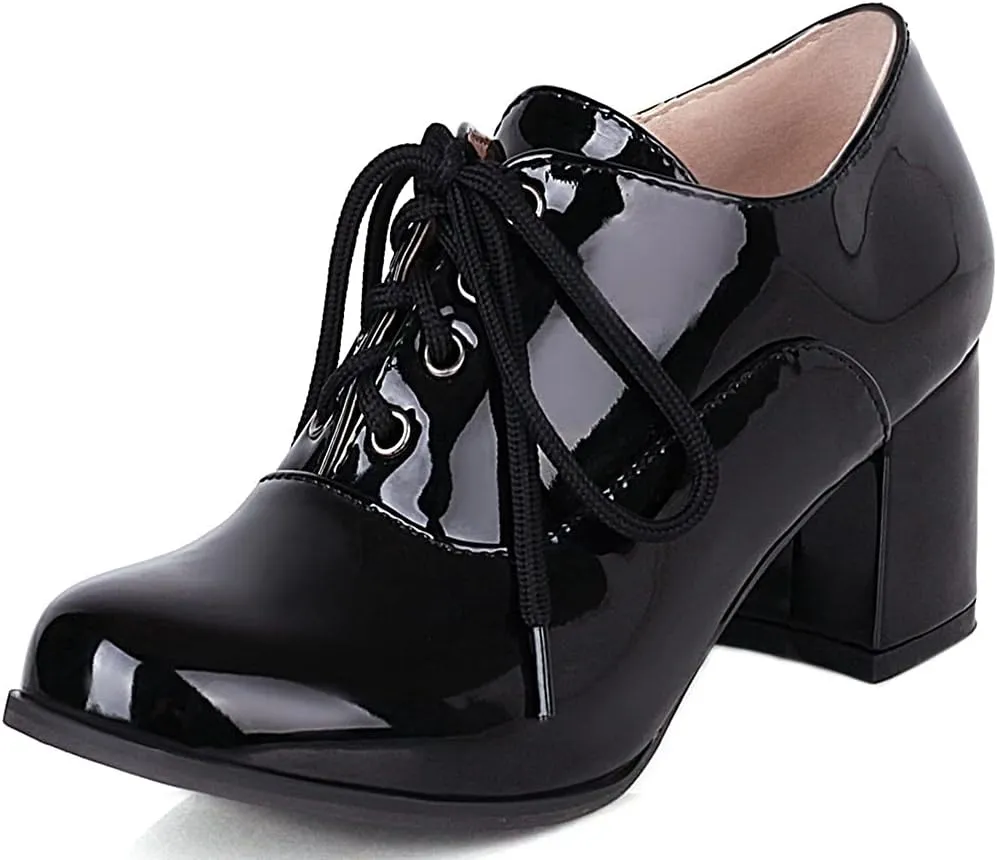 KOKOMOMO Womens Wingtip Shoes Patent Leather Lace Up Oxford Heels Chunky Brogue Shoes