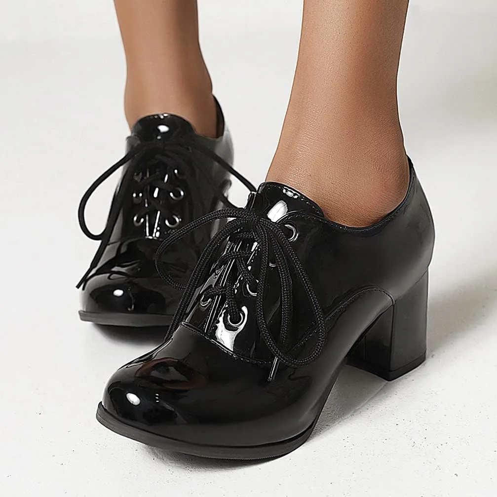 KOKOMOMO Womens Wingtip Shoes Patent Leather Lace Up Oxford Heels Chunky Brogue Shoes