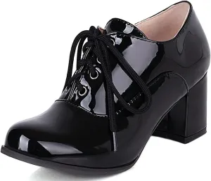 KOKOMOMO Womens Wingtip Shoes Patent Leather Lace Up Oxford Heels Chunky Brogue Shoes