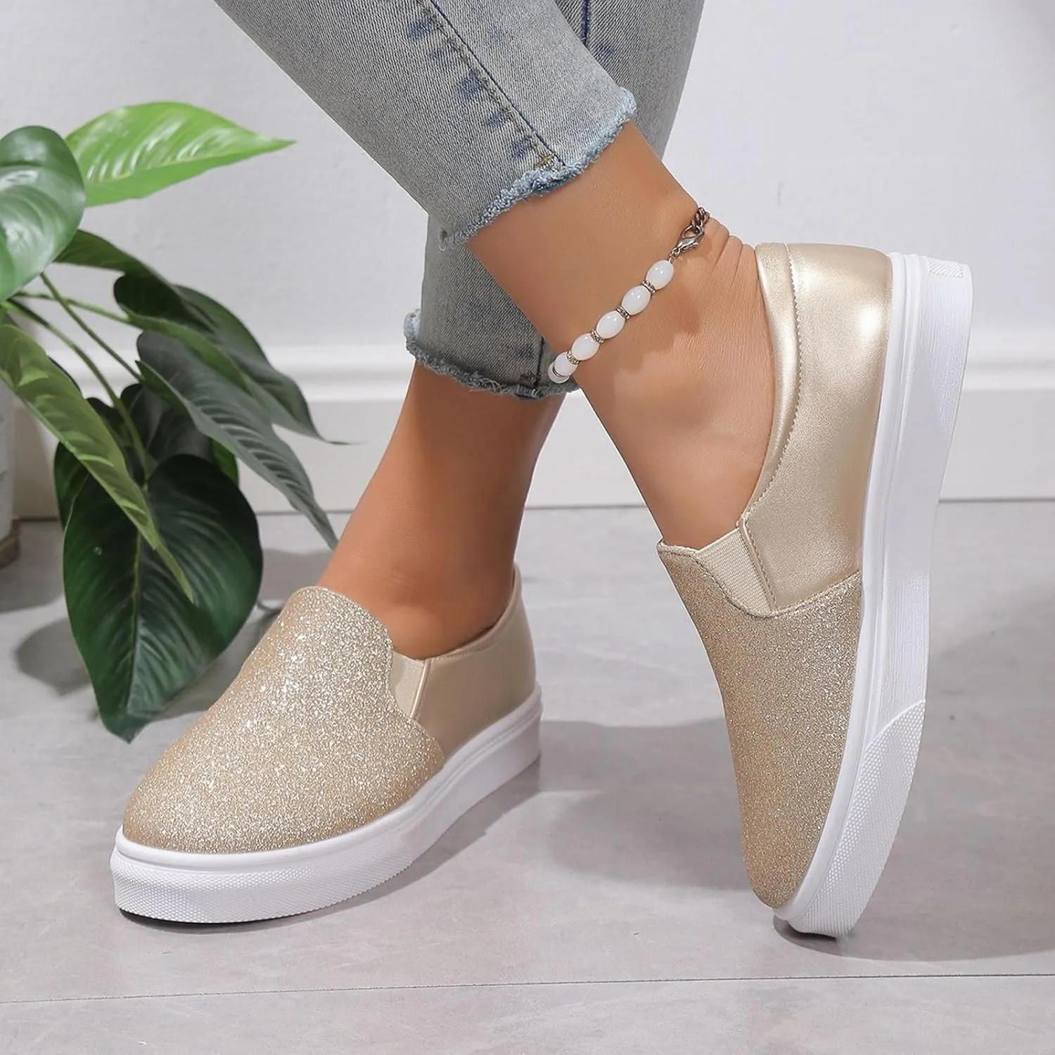 Ladies Rround Toe Elastic Set Foot Flat Bottom Sequins Simple Solid Colour Large Size Rhinestone Wedge Sandals Women