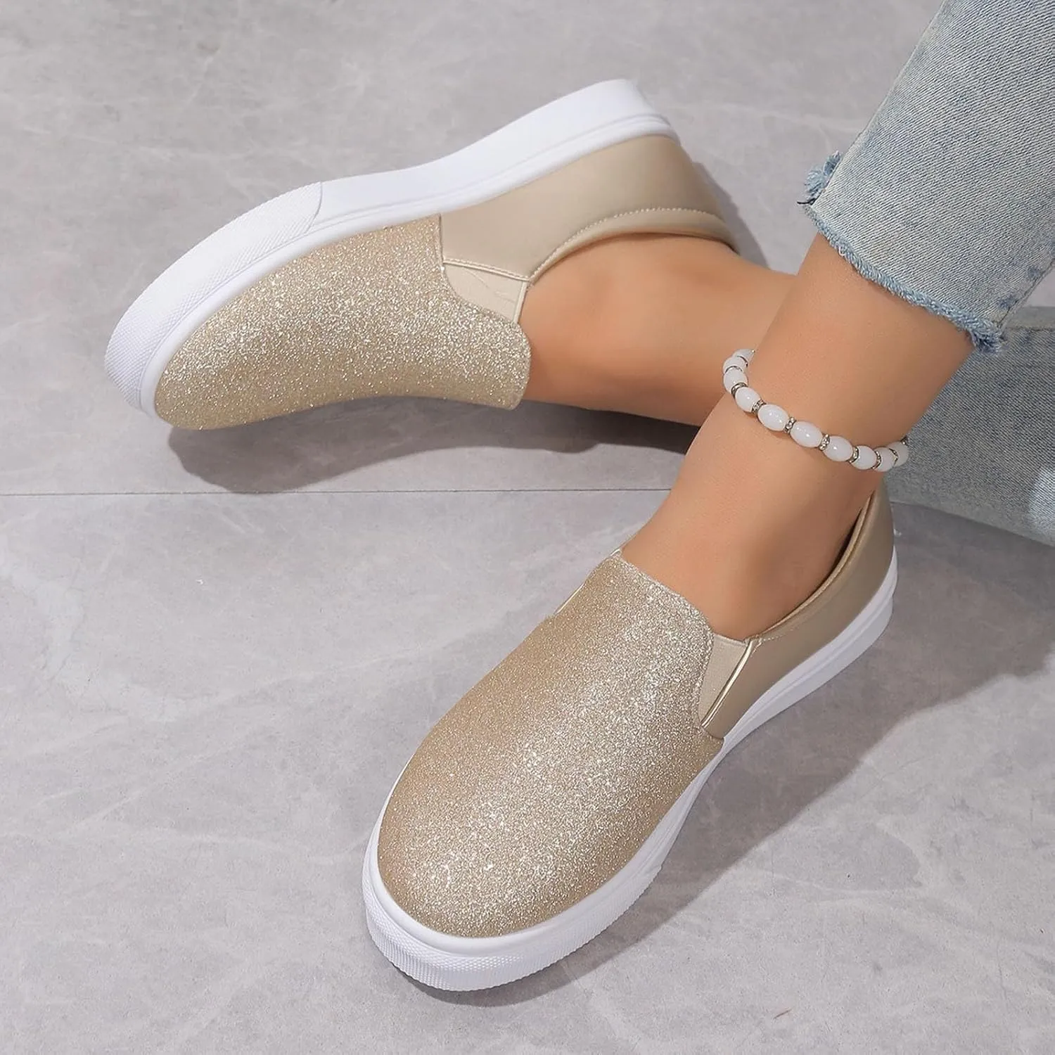 Ladies Rround Toe Elastic Set Foot Flat Bottom Sequins Simple Solid Colour Large Size Rhinestone Wedge Sandals Women