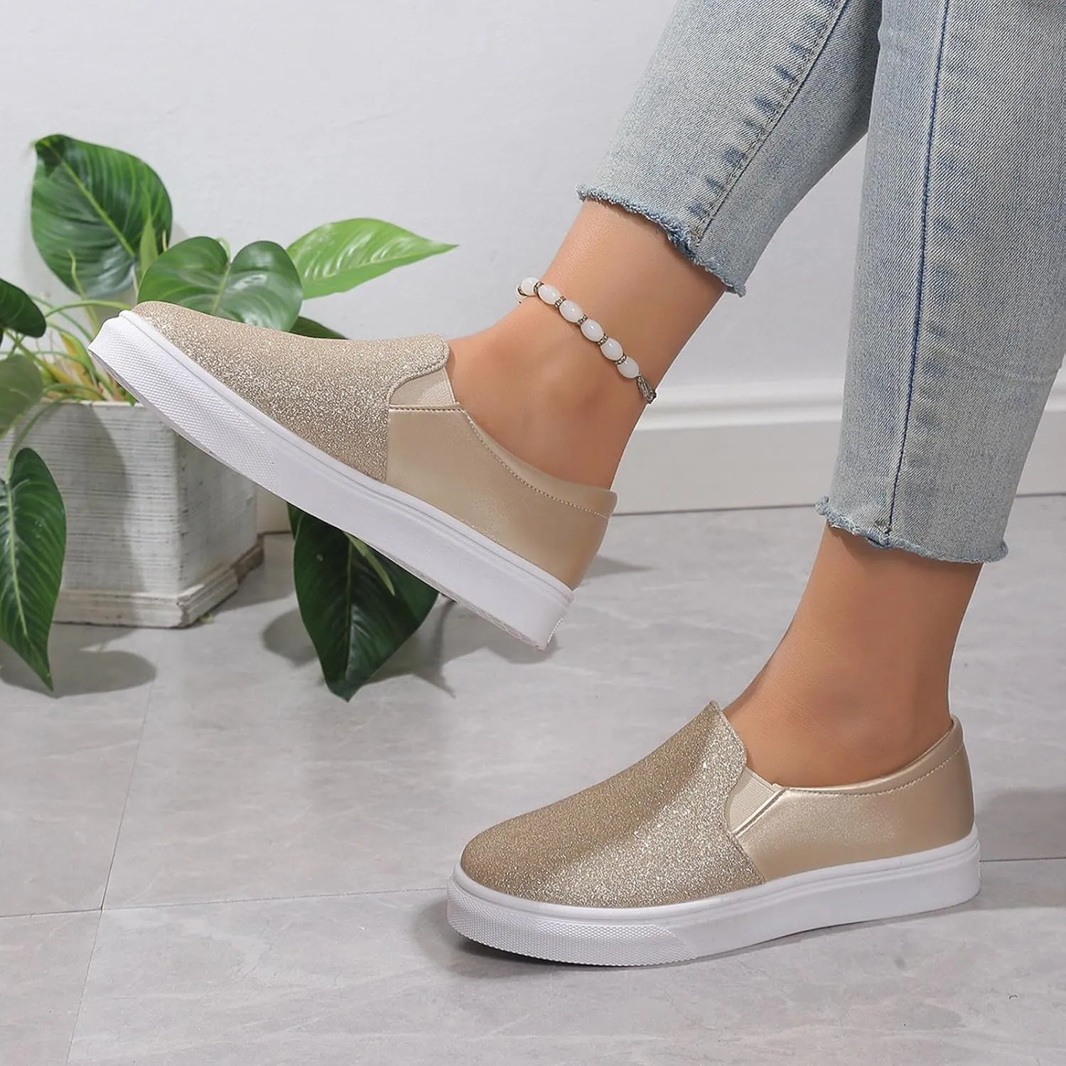 Ladies Rround Toe Elastic Set Foot Flat Bottom Sequins Simple Solid Colour Large Size Rhinestone Wedge Sandals Women