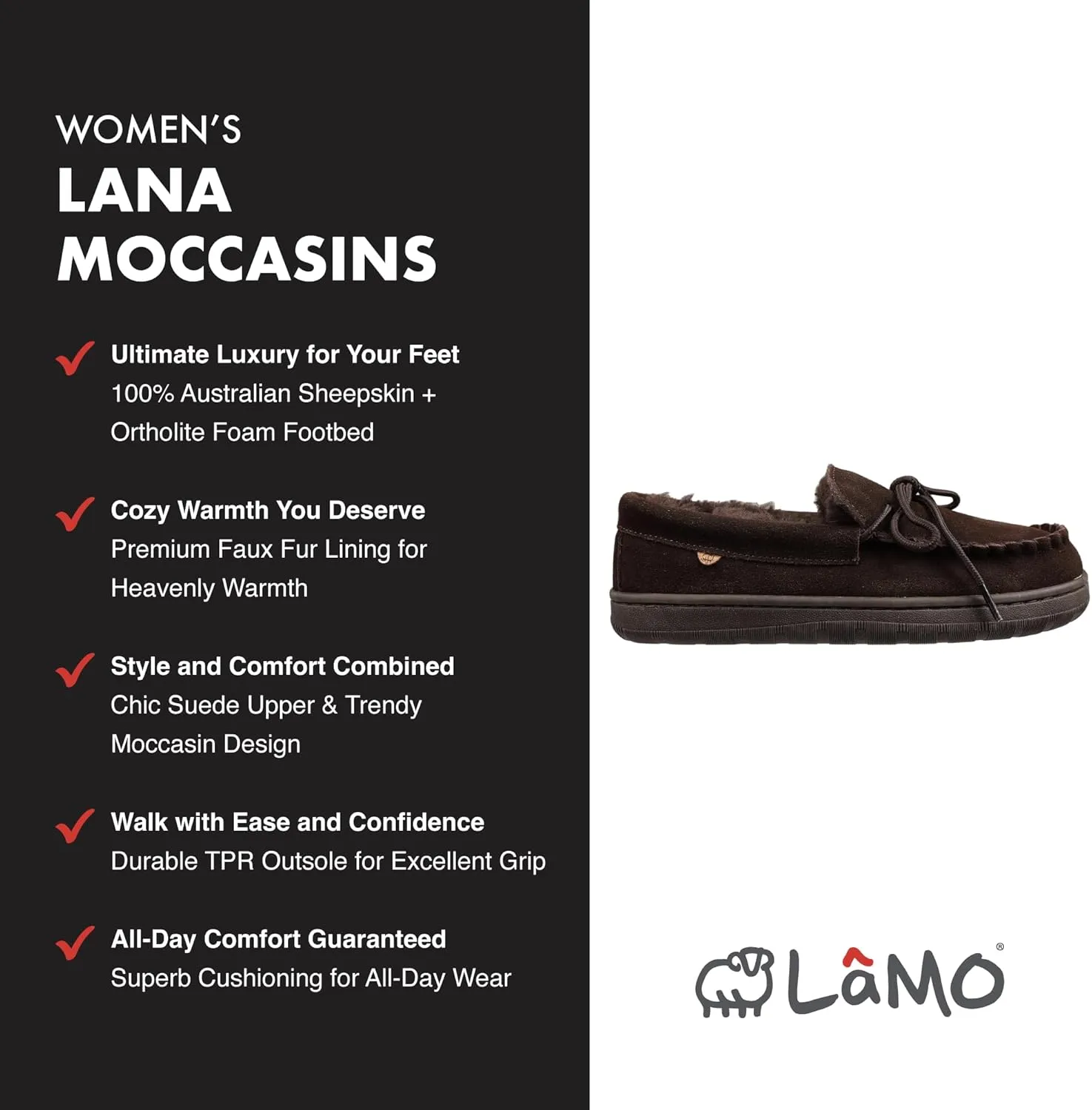 Lamo Women's Lana Moccasins Women - Premium Suede Upper, Luxurious Faux Fur Lining, Ortholite Foam Footbed with Australian Sheepskin, TPR Outsole - New Upgraded Women's Moc