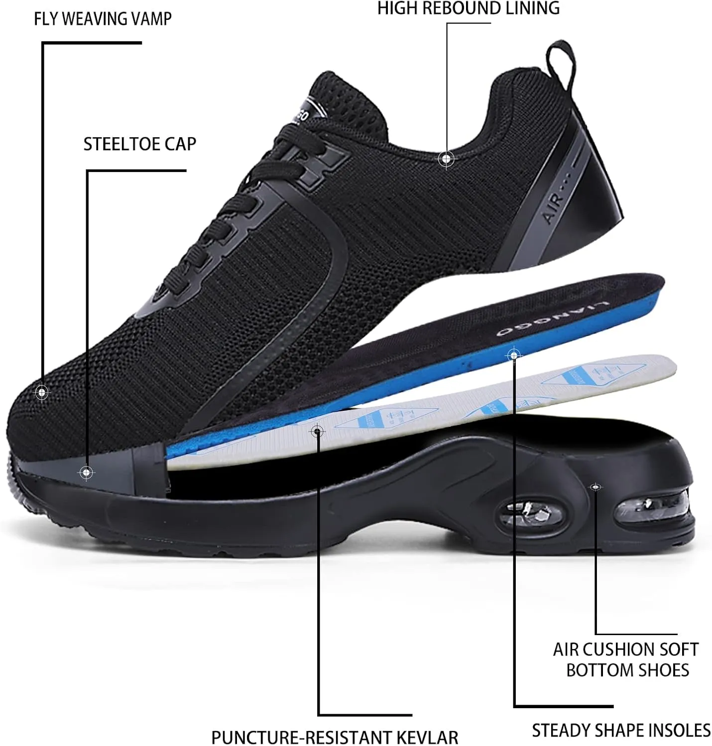 LIANGGO Steel Toe Shoes for Women Safety Work Sneakers Lightweight Comfortable Slip Resistant Shoes