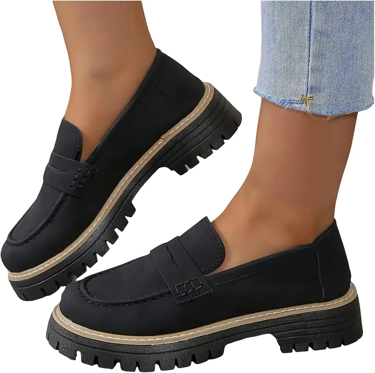 Loafers for Women 2025, Womens Loafers Comfortable Dressy Platform Chunky Penny Loafer Lug Sole Suede Loafers Slip on Work Office Business Casual Dress Shoes Ladies Loafers