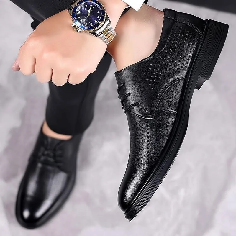 Men's Breathable Leather Oxfords Shoes Casual Wedding Low Derby Shoes Summer Hollowout Dress Shoes for Men(8.5)
