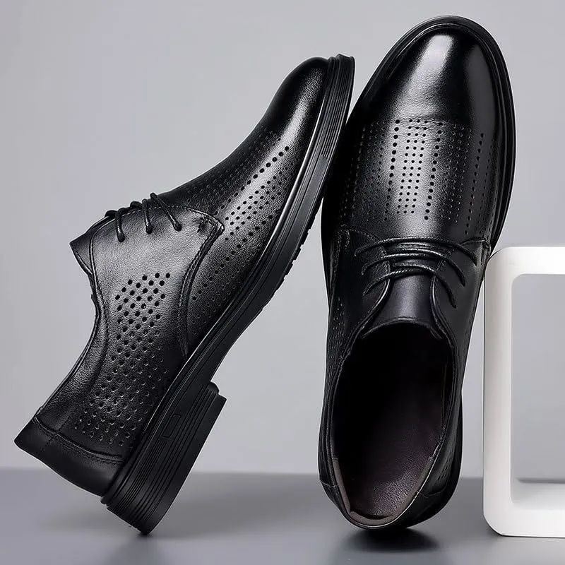 Men's Breathable Leather Oxfords Shoes Casual Wedding Low Derby Shoes Summer Hollowout Dress Shoes for Men(8.5)