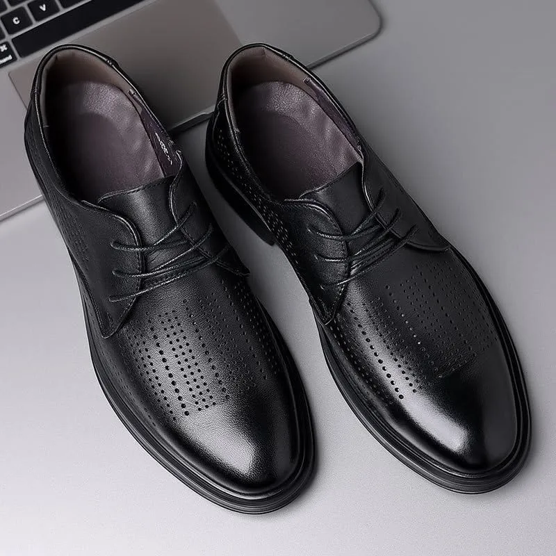 Men's Breathable Leather Oxfords Shoes Casual Wedding Low Derby Shoes Summer Hollowout Dress Shoes for Men(8.5)