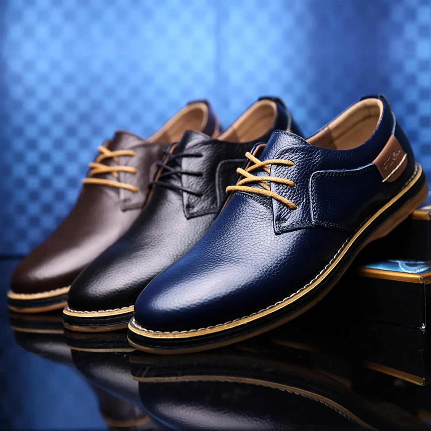Men's Casual Leather Dress Shoes Formal Oxford,Classic Non-Slip Breathable Lace Up Plain Toe Flat Business Derby Shoes