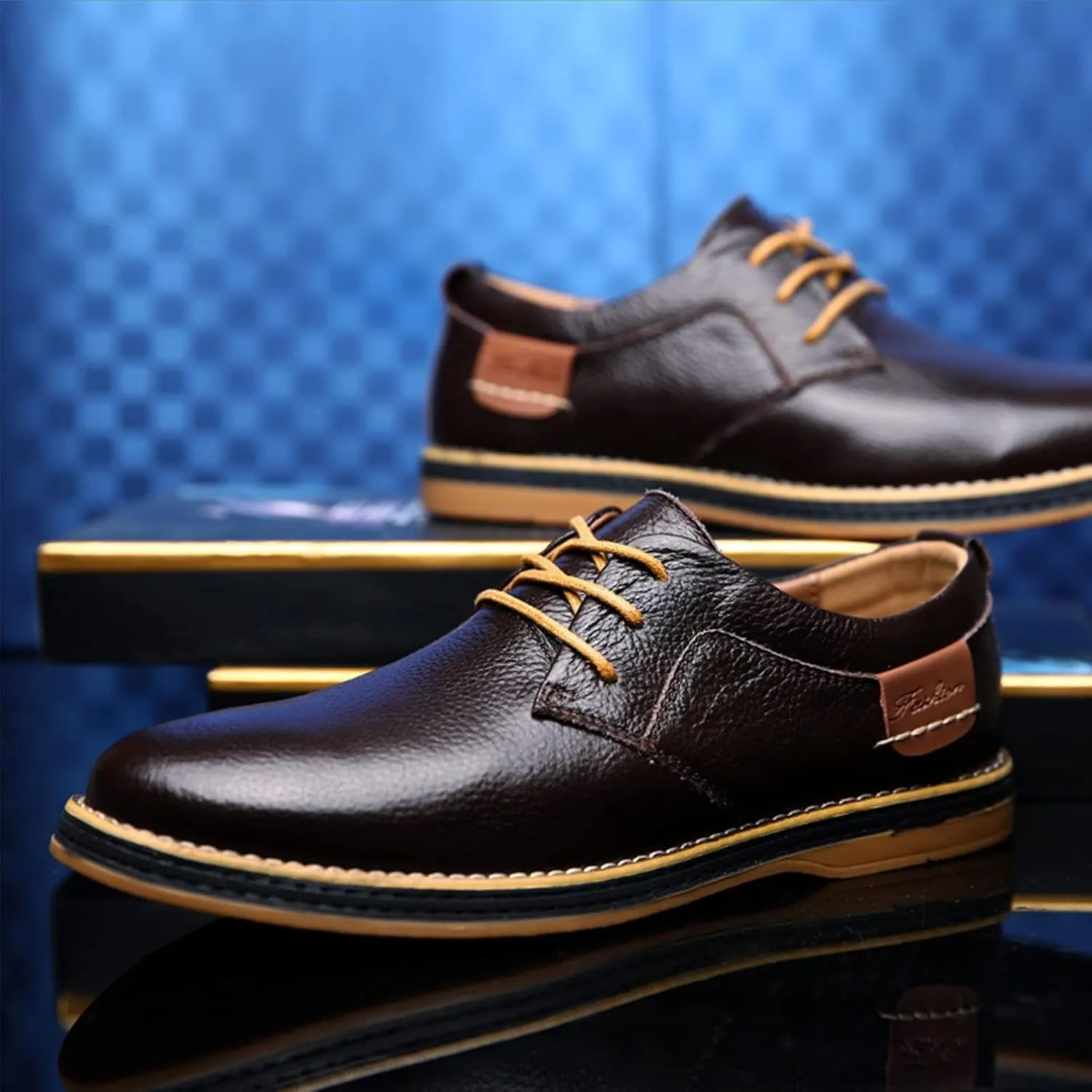 Men's Casual Leather Dress Shoes Formal Oxford,Classic Non-Slip Breathable Lace Up Plain Toe Flat Business Derby Shoes